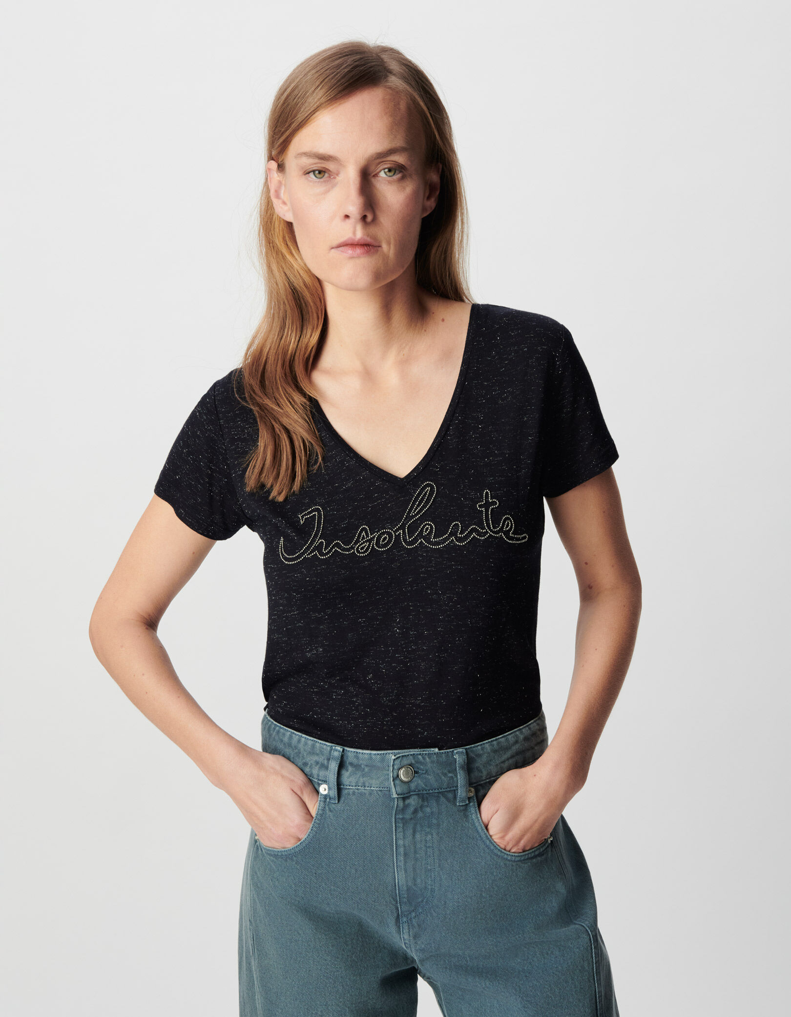 Tee-shirt marine lurex message brodé micro-billes Femme