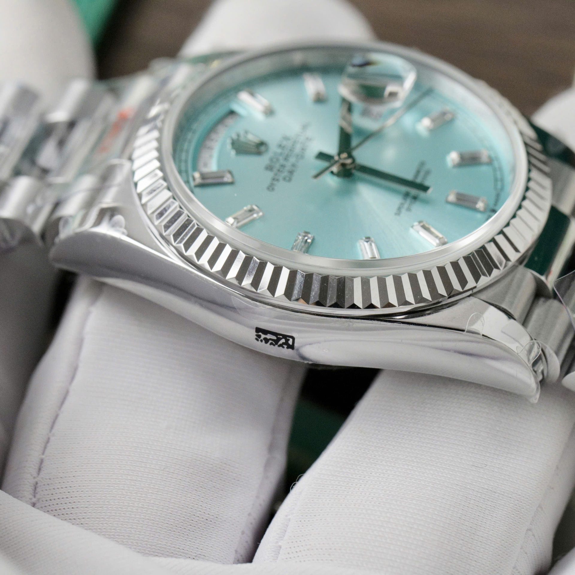 Rolex Day-Date 128236 904L Steel Ice Blue Dial CZ Diamonds 36mm Super Clone