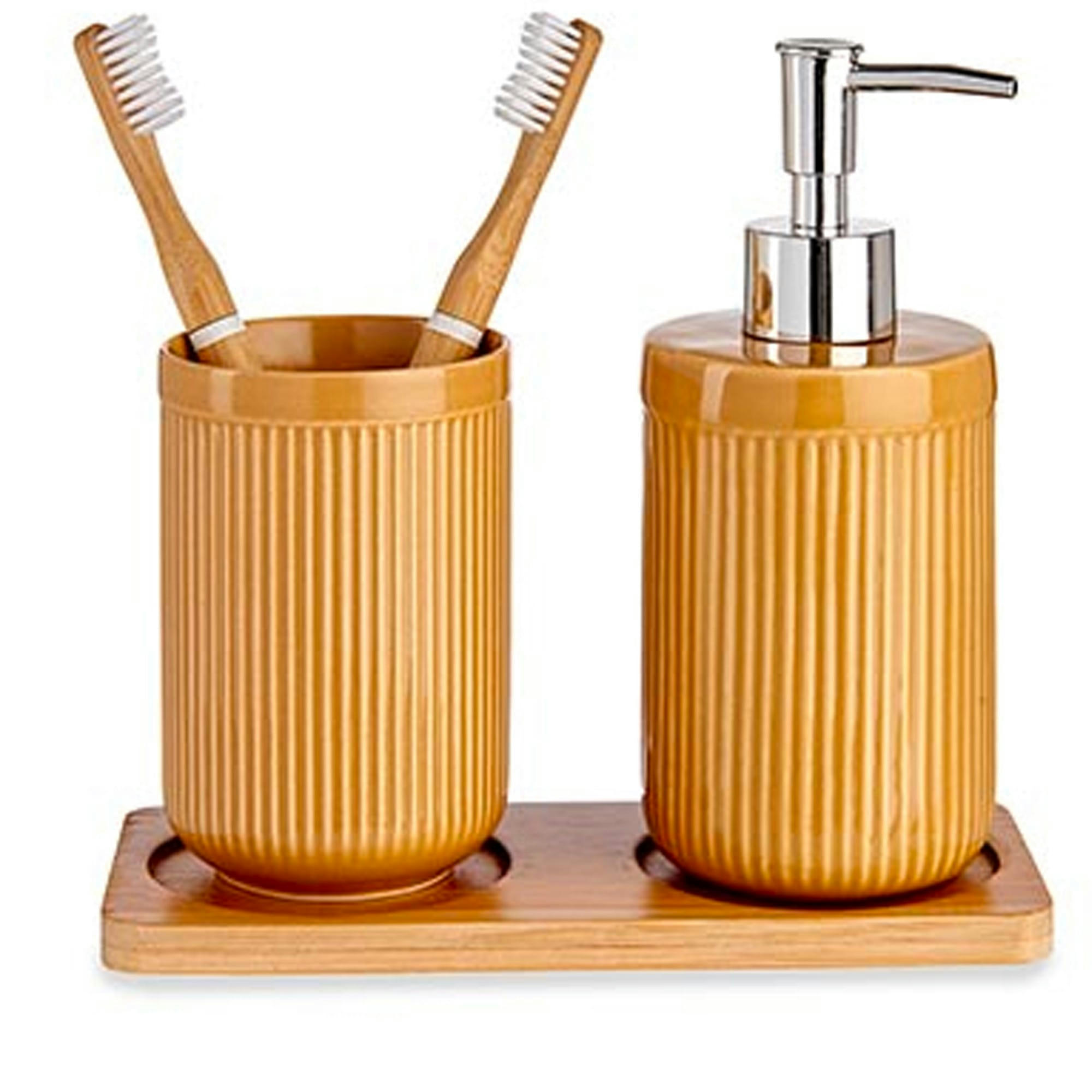 - Set salle de bain jaune en céramique et plateau bambou