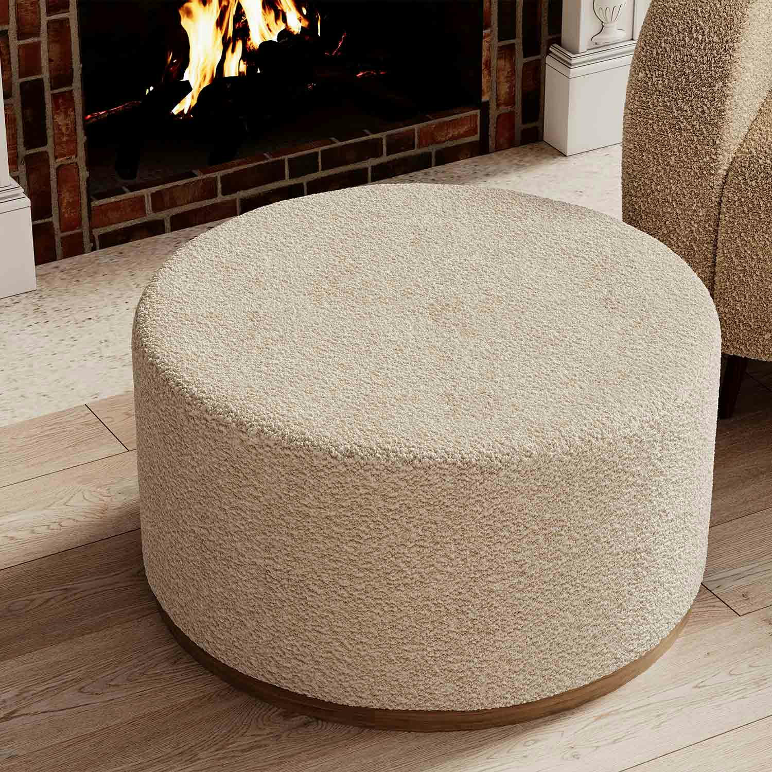 VICTOR - Grand pouf rond ottoman en bouclette blanche