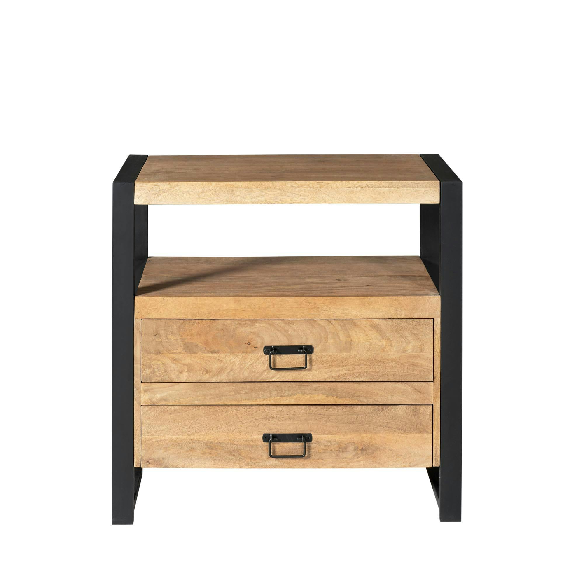 Table de chevet 2 tiroirs bois clair et métal noir MILORA