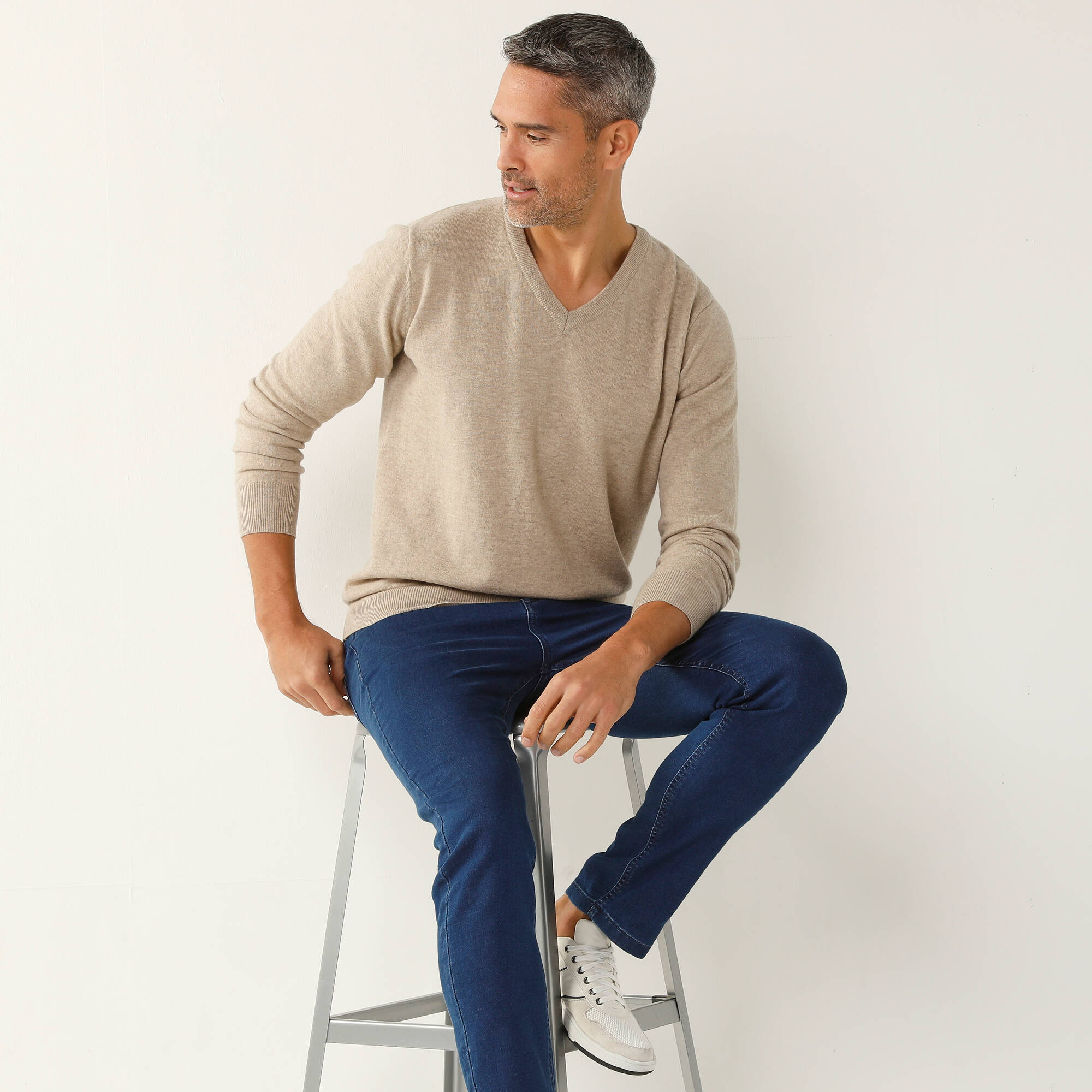 Pull pur coton col V manches longues