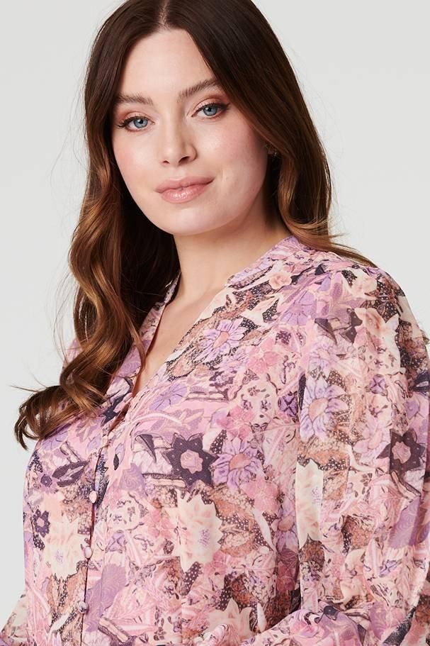 Izabel London Floral Long Puff Sleeve Shirt Dress