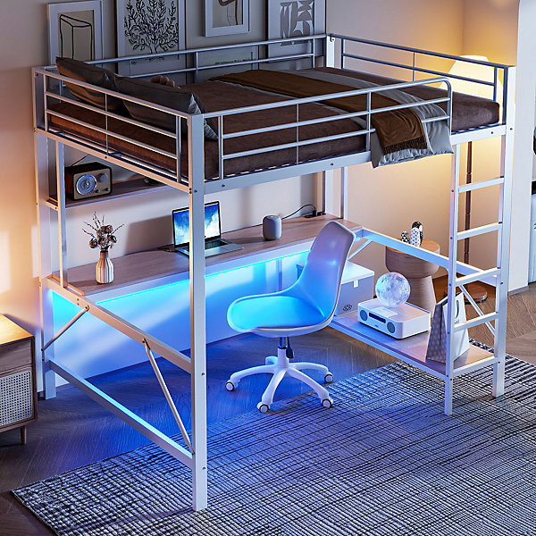 Lit mezzanine 140x200 cm bureau intégré, étagères, LED et prise USB, lit ado/enfant gain de place - métal blanc - sans matelas