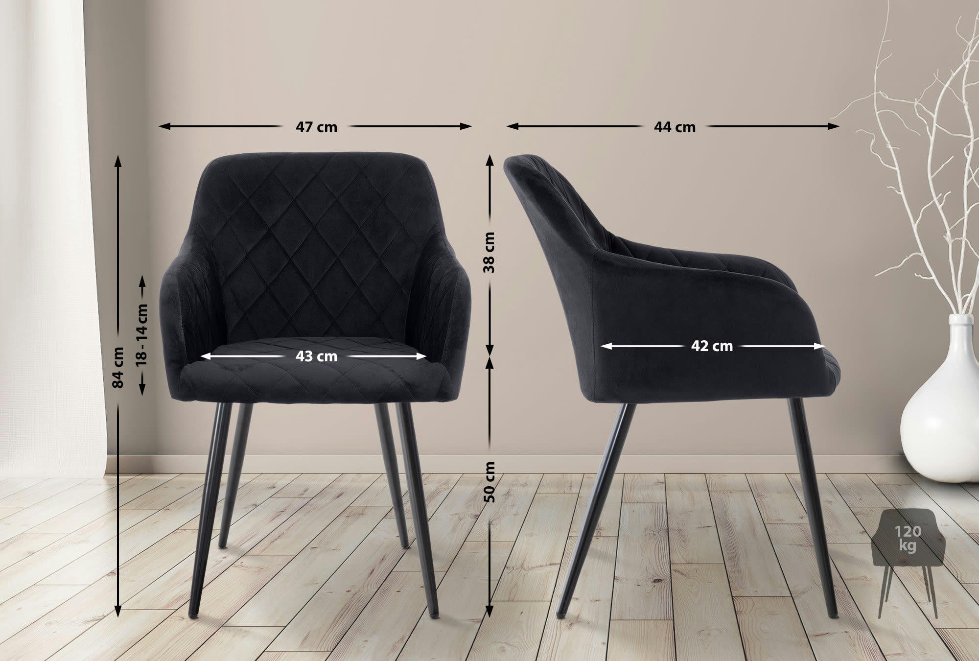 SHILA - Chaise de salle à manger avec accoudoirs en velours Noir