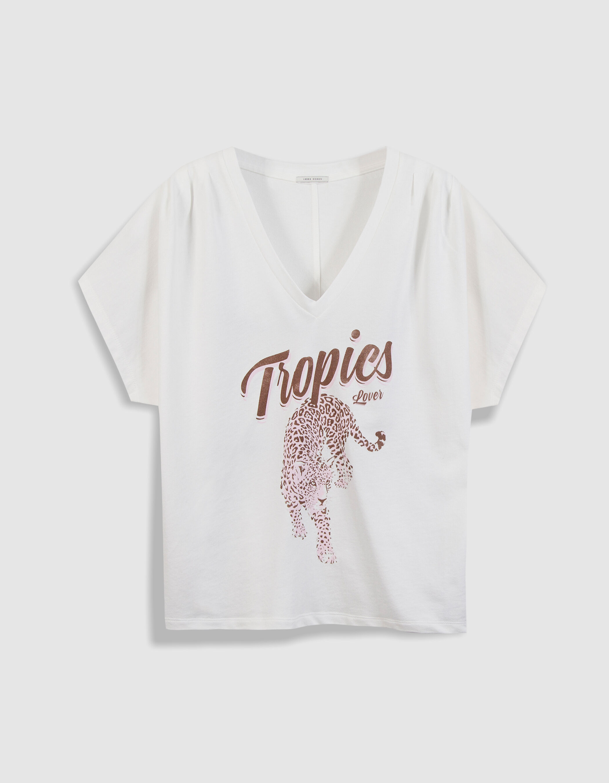 Tee-shirt col V blanc visuel léopard Femme