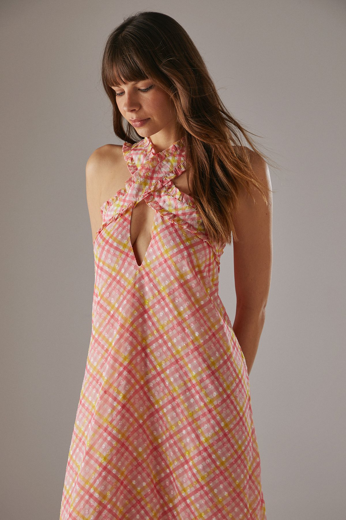 Warehouse Dobby Chiffon Frill Halter Tier Ruffle Maxi Dress
