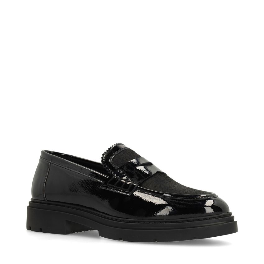 Manfield Zwarte lakleren loafers met ponyhair