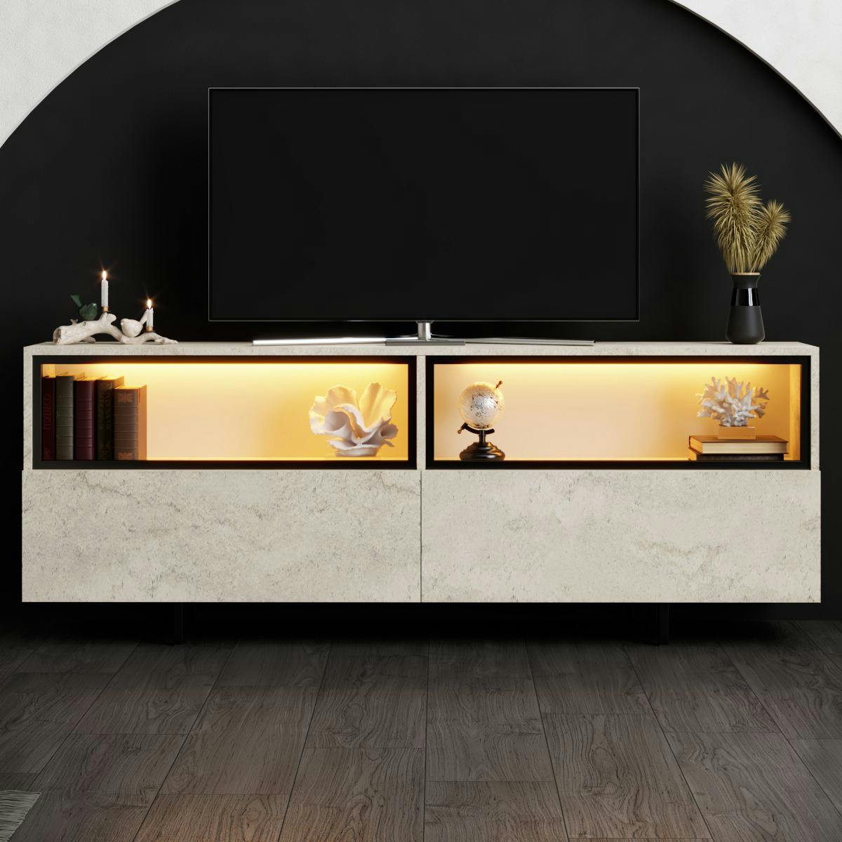Meuble TV décor travertin 2 portes 2 niches hautes LED AURA