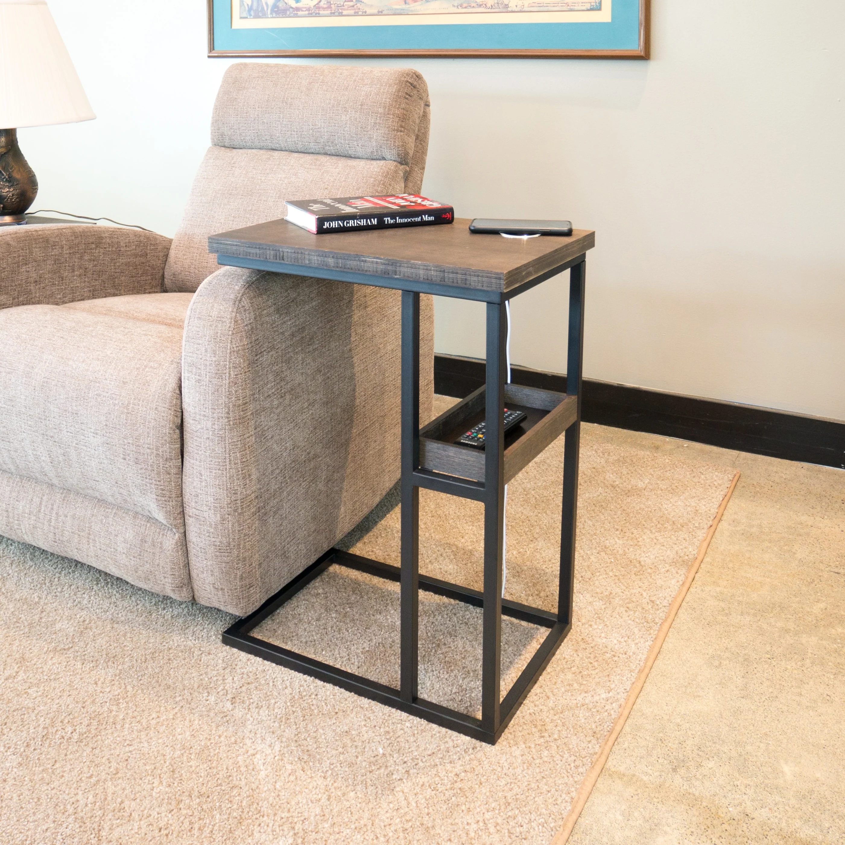 Solid Bamboo Steel Frame C-Table with Tray & Wireless USB Charger