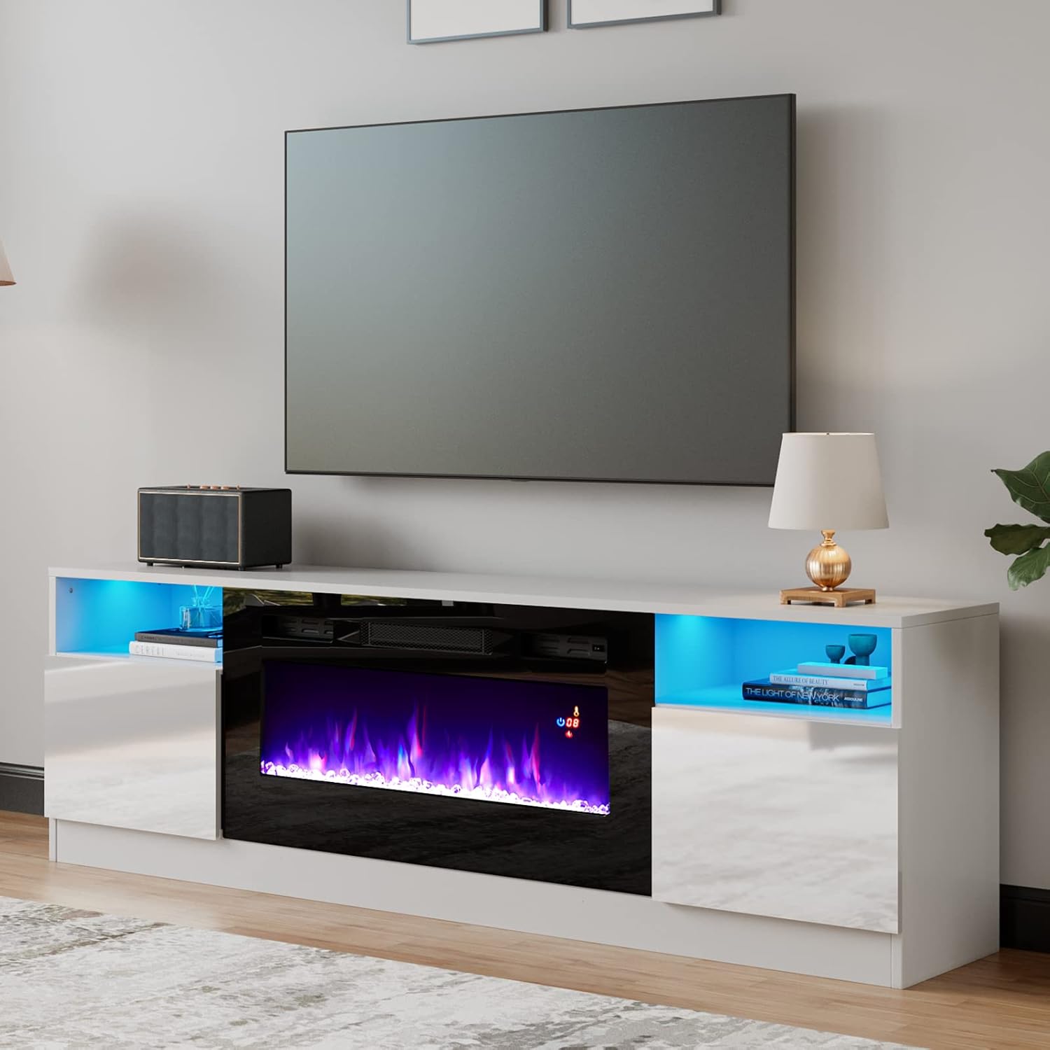 AMERLIFE TV Stand with Fireplace, LED Light Entertainment Center with 36 Electric Fireplace, 70 Modern Wood Entertainment Stand with Highlight Storage Cabinet for TVs up to 80, White & Black