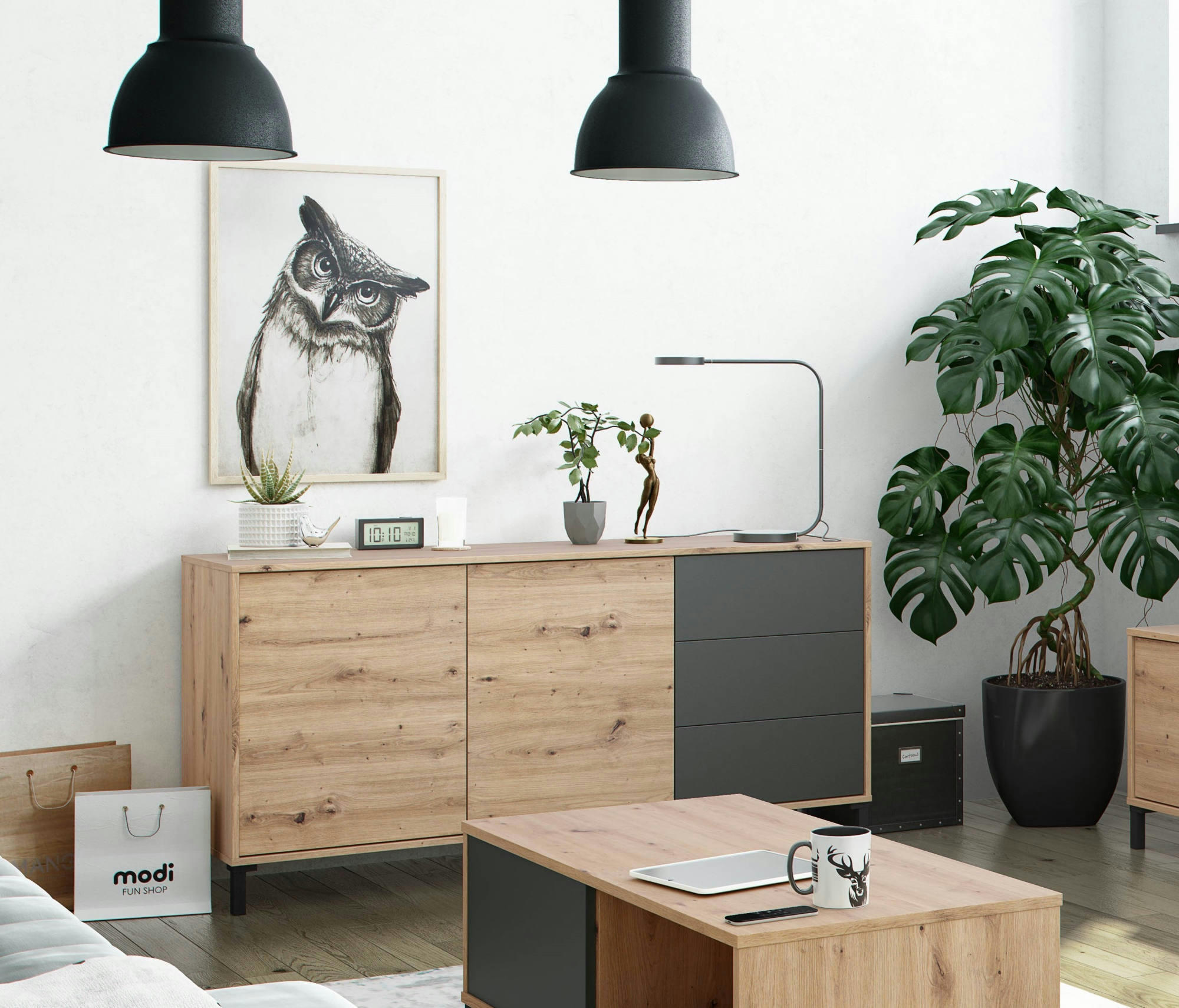 DBOG - Buffet avec 2 portes effet bois chêne noueux et anthracite