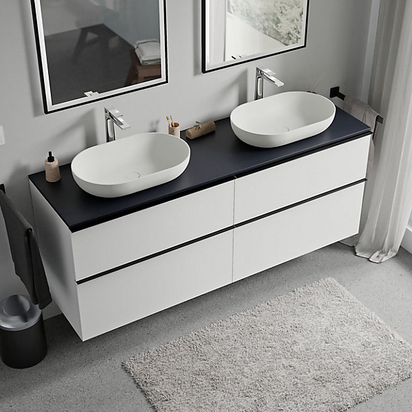 Meuble sous vasque suspendu MDF Blanc mat, plan vasque Bleu nuit mat, poignée Anthracite mat - 160x46x62cm - LAVOA