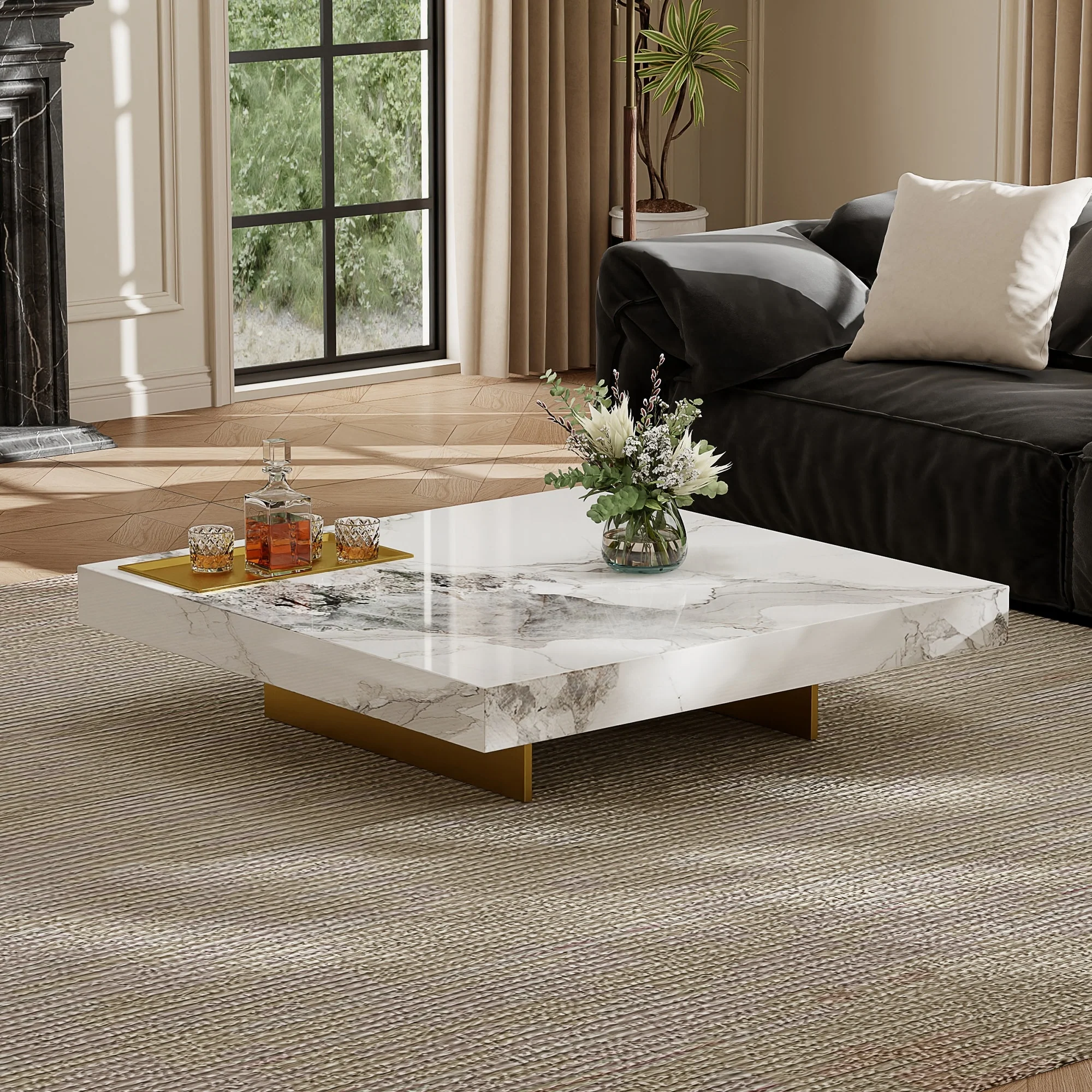 Modern 42 Faux Marble Square Coffee Table，Glossy Sintered Stone Tabletop