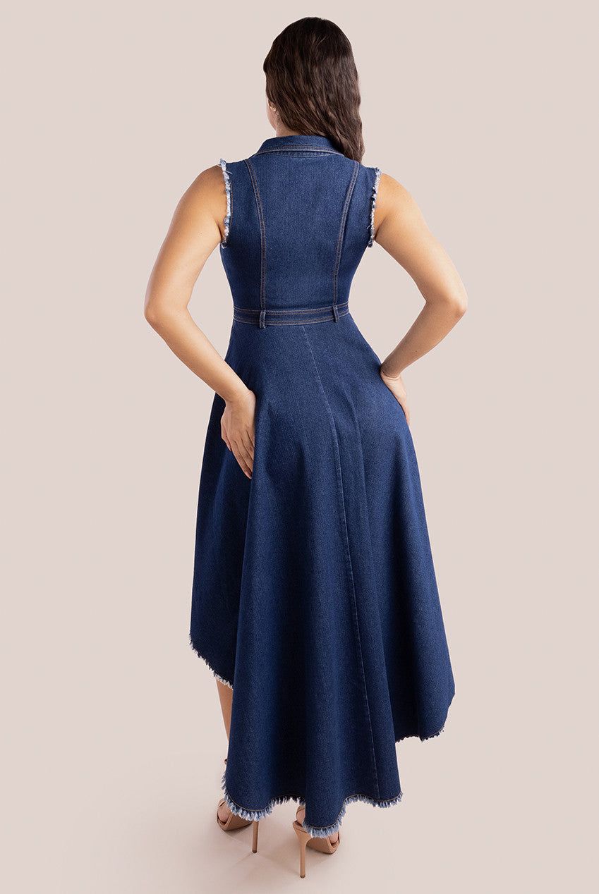 Goddiva Denim Sleeveless High And Low Midaxi Dress