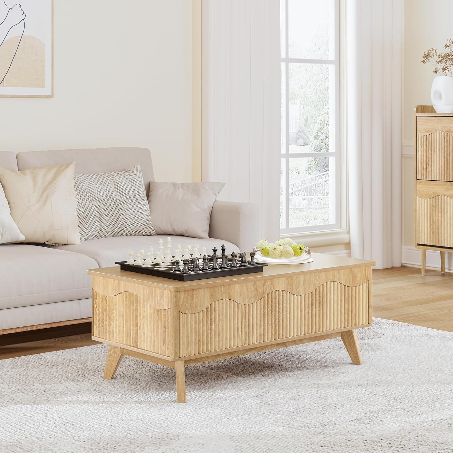 BERRYMERRY Lift Top Coffee Table with Hidden Storage, Farmhouse Fluted Coffee Table with Wave Profile, Rising Top Rectangular Center Table for Living Room (Natural Oak)