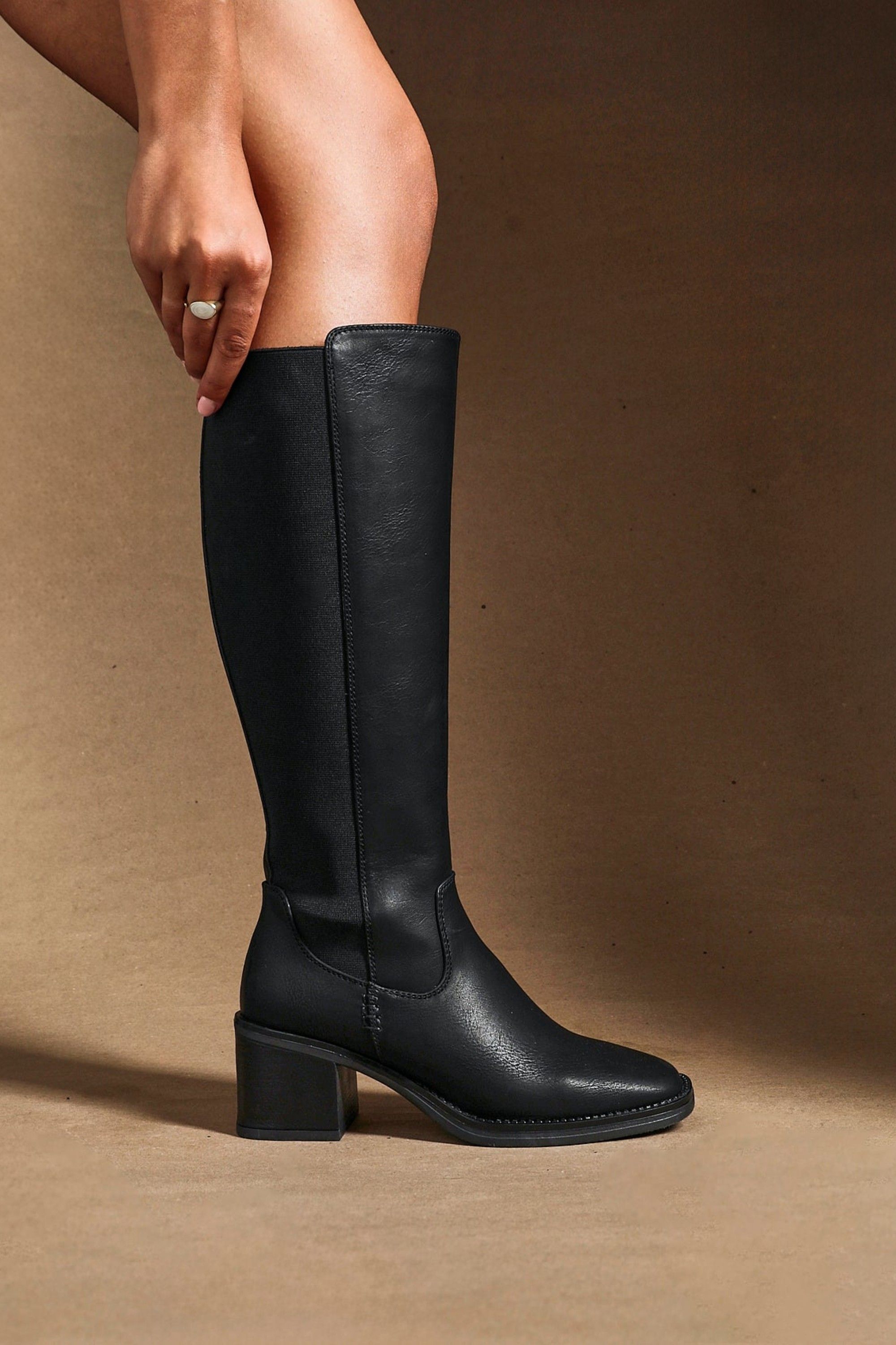 Linzi Reason Black Faux Leather Block Heel High Leg Boot