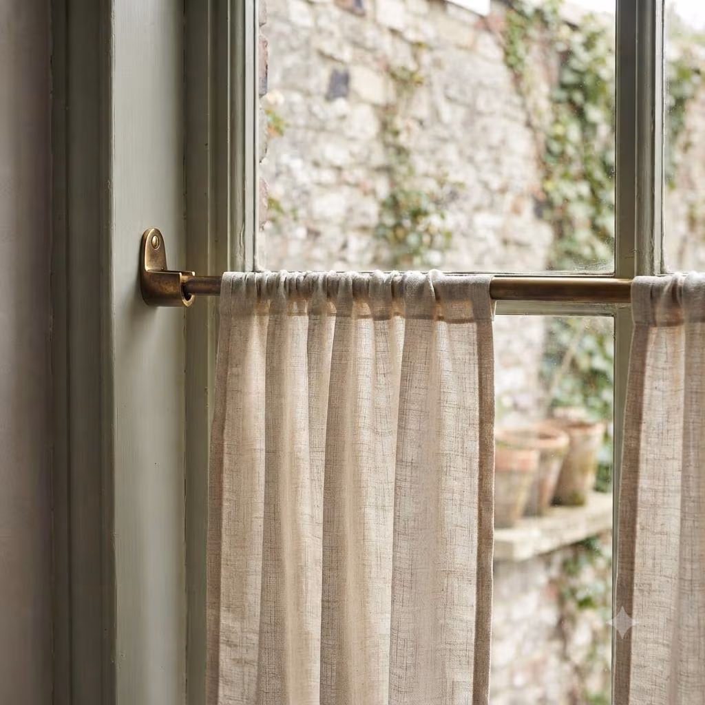 Minimal Inside Mount Cafe Curtain Rod – 16mm Solid Brass Kitchen Cafe Curtain Hardware – Antique Brass Window Rod