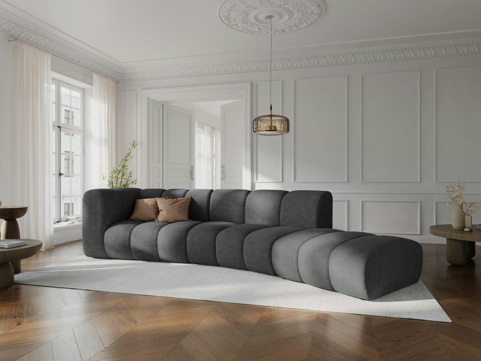 LUPINE - Canapé droit 5 places en tissu chenille gris