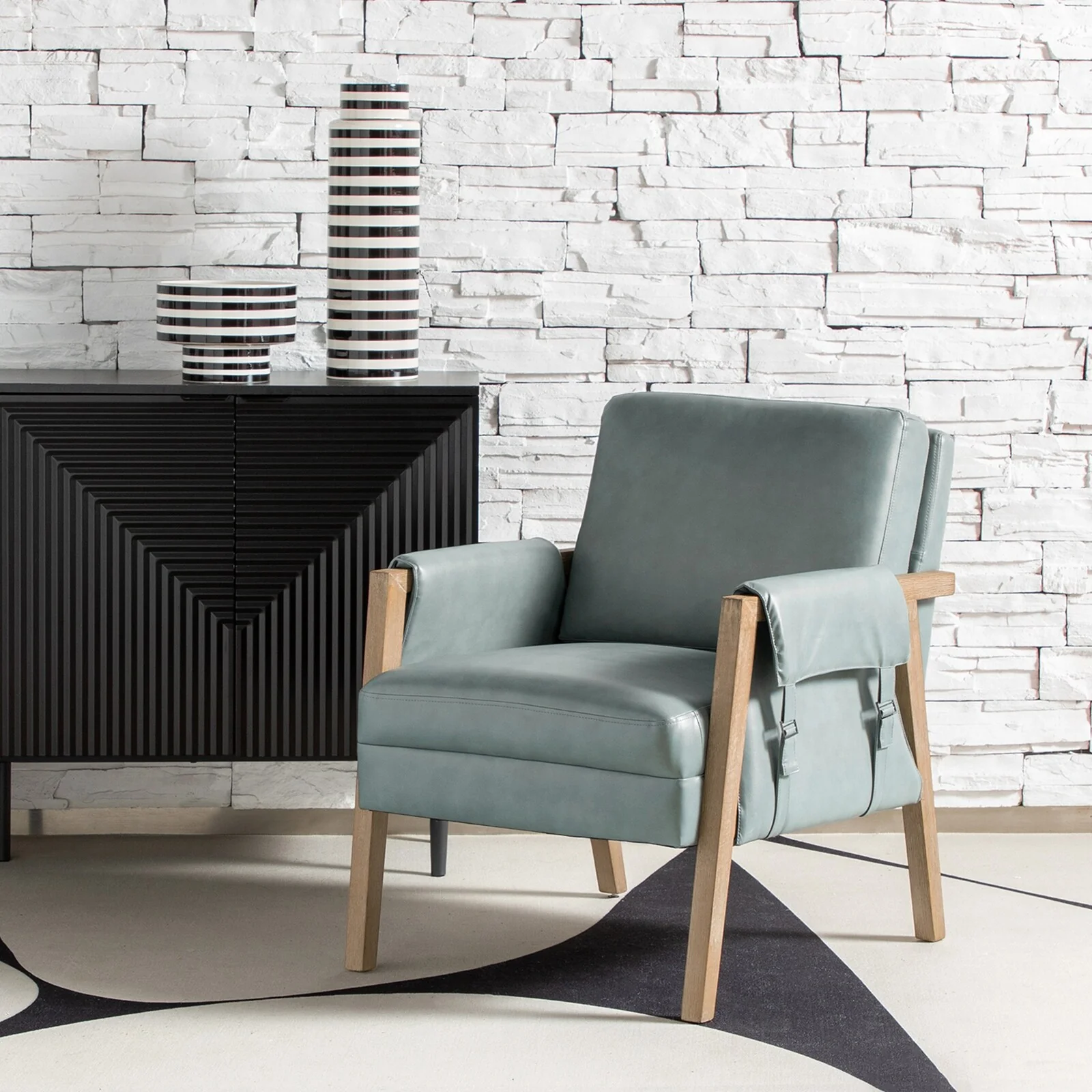 Olivia Farmhouse Faux Leather Accent Chair with Solid Wood Legs By HULALAHOME