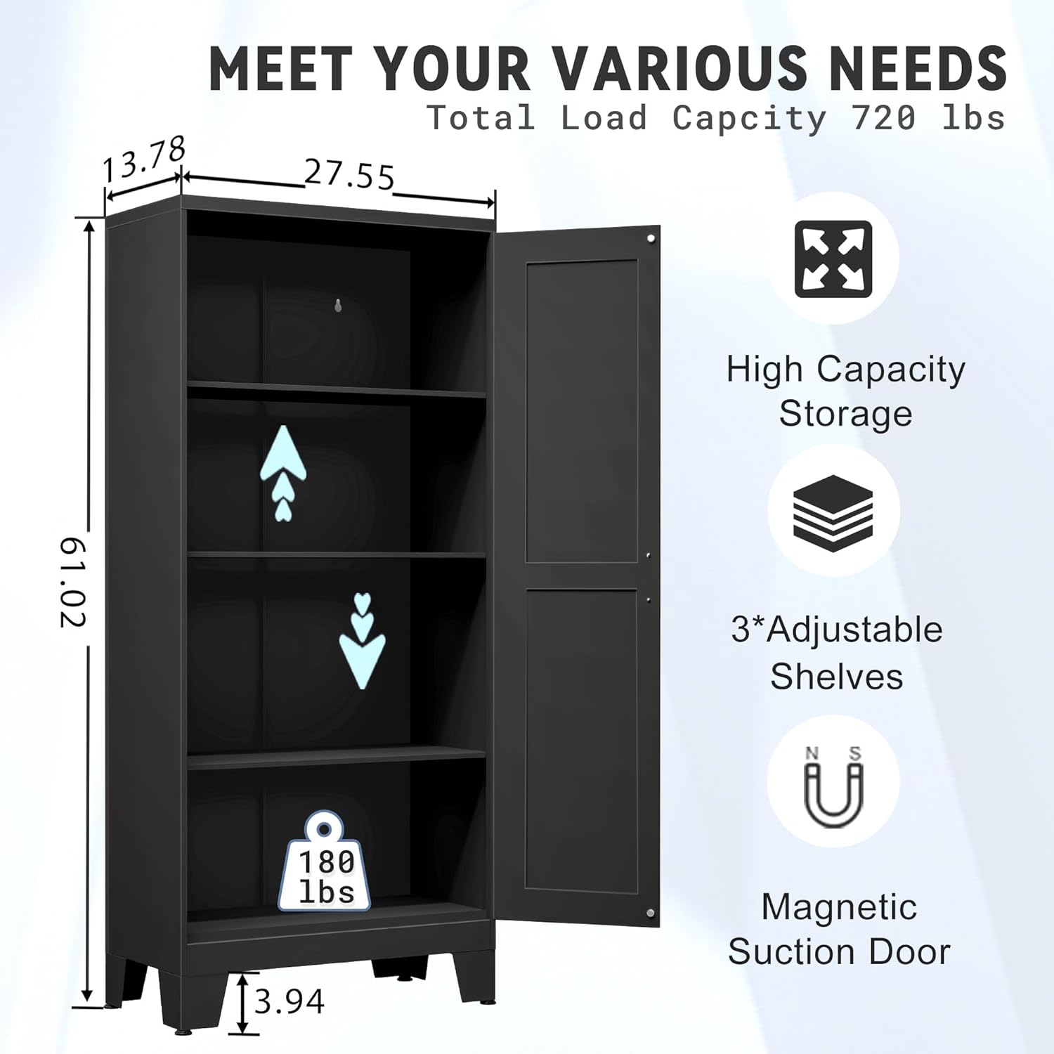 GAIOUS 61.02 Kitchen Pantry Cabinet, Pantry Storage Cabinet with 2 Doors and Adjustable Shelves, Black Food Storage for Kitchen, Living Room, Bedroom and Dining Room (Black) Metal Sideboard