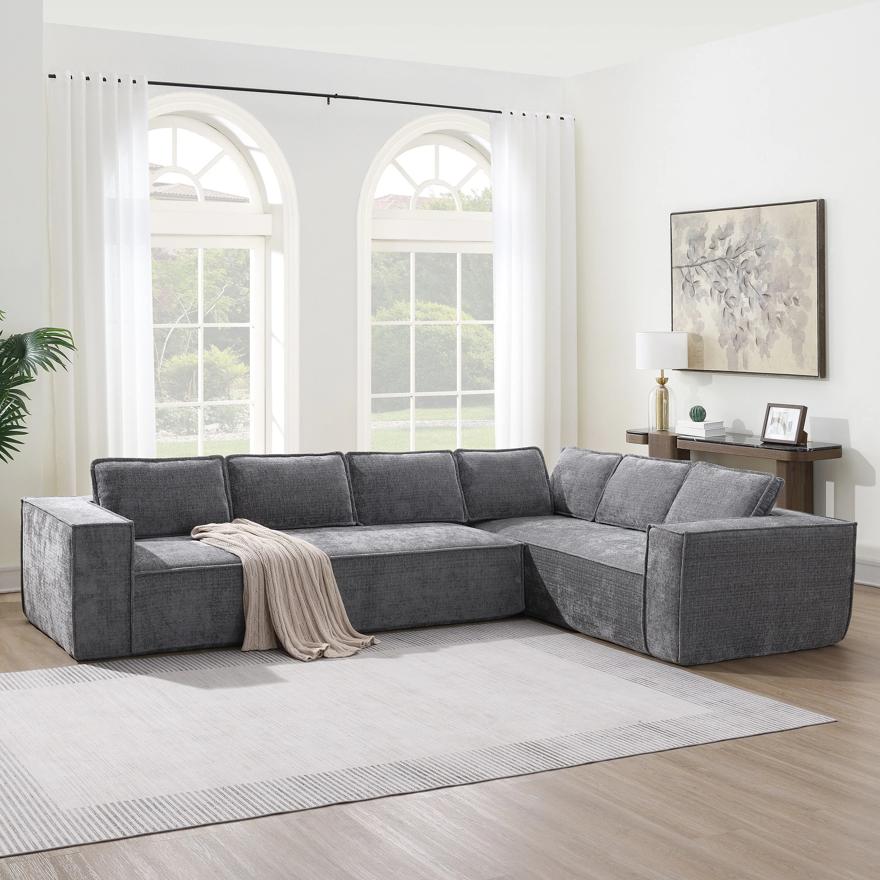 Modern Modular Cloud Sofa Set with Wrinkle Resistant Chenille for Living Room or Guest Room, No Assembly