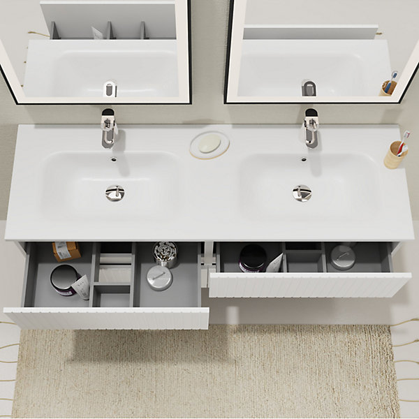 Meuble salle de bain strié 140 cm - Double vasque Solid surface - Blanc mat - A suspendre - Karaib 2