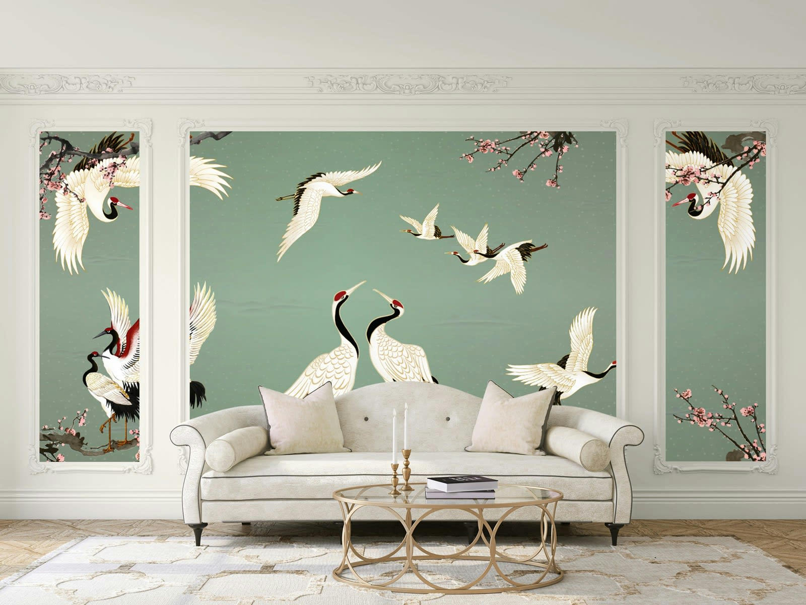 LA DANSE DES GRUES - Papier peint panoramique adhésif vert 350x250cm