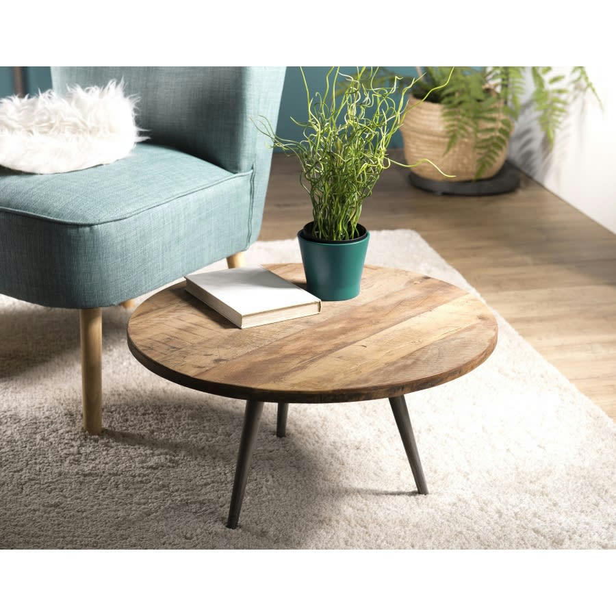 ALIDA - Table basse d'appoint ronde en teck recyclé et pieds métal D55