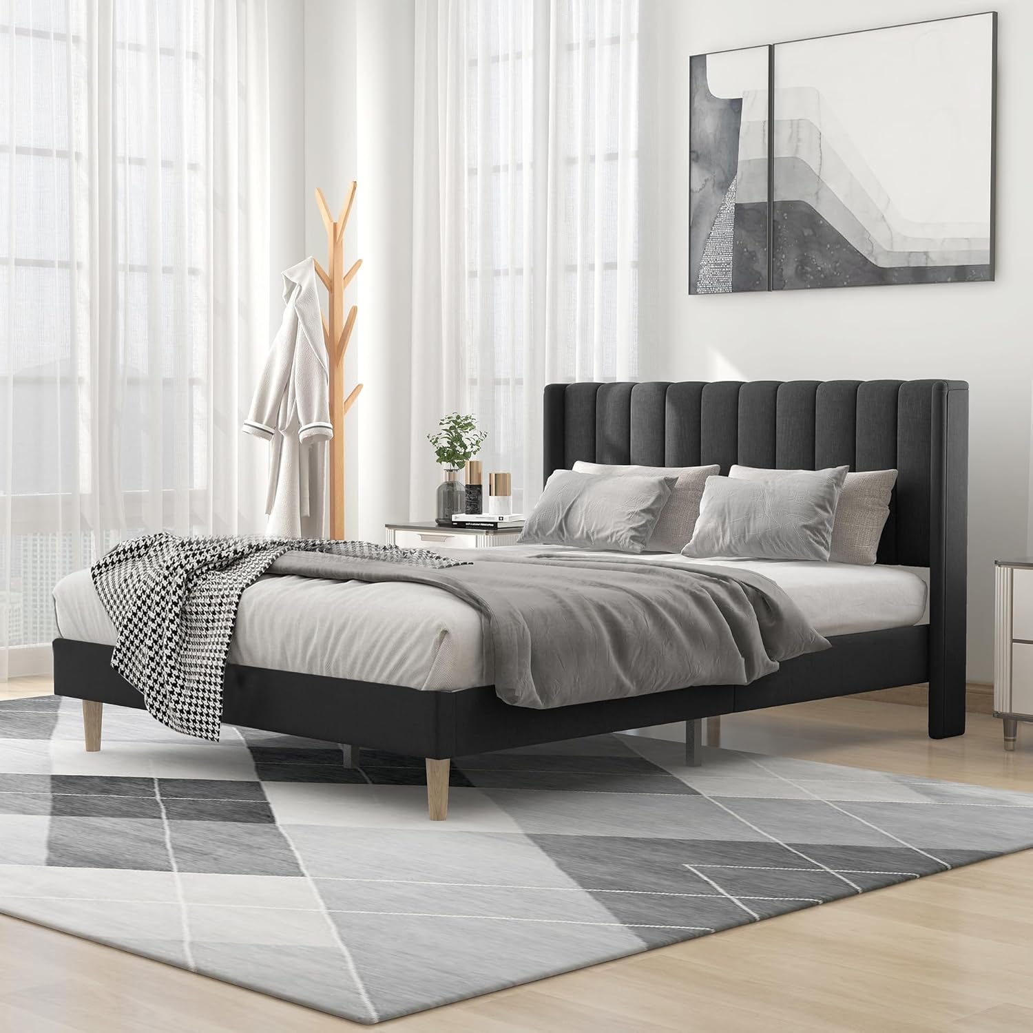 alazyhome Upholstered Platform Queen Size Bed Frame with Headboard Wooden Slats Support No Noise Easy Assembly Black Linen