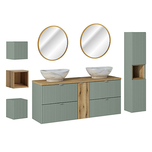 Ensemble meuble double vasque 140cm 4 tiroirs miroirs LED colonne et 3 armoires murales Jade Vert et Bois