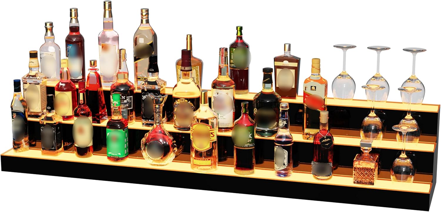 MESAlLUP 60 Inch 3 Tier Lighted Liquor Bottle Display Shelf, LED Bar Shelves with Remote Control, Mulit Color Lighting for Home Mini Bars Decor, Restaurants & Party Use, Acrylic Stand