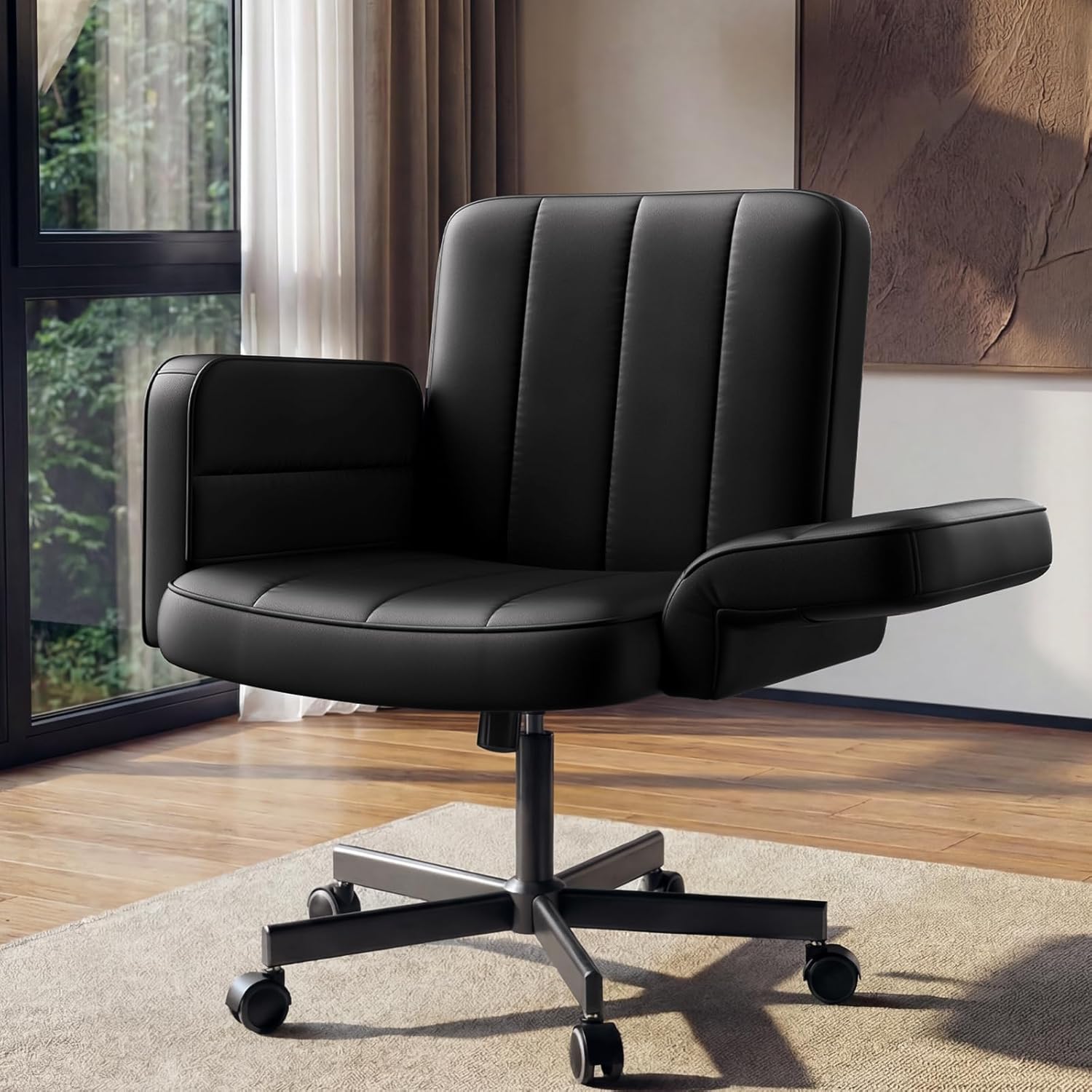 HUANUO Criss Cross Chair with 6-Point Adjustable Armrests, Pet-Friendly Criss Cross Office Chair, Comfortable Cross Leg Chair with Wide Seat, Durable PU Leather, Side Storage Pocket, Easy Assembly