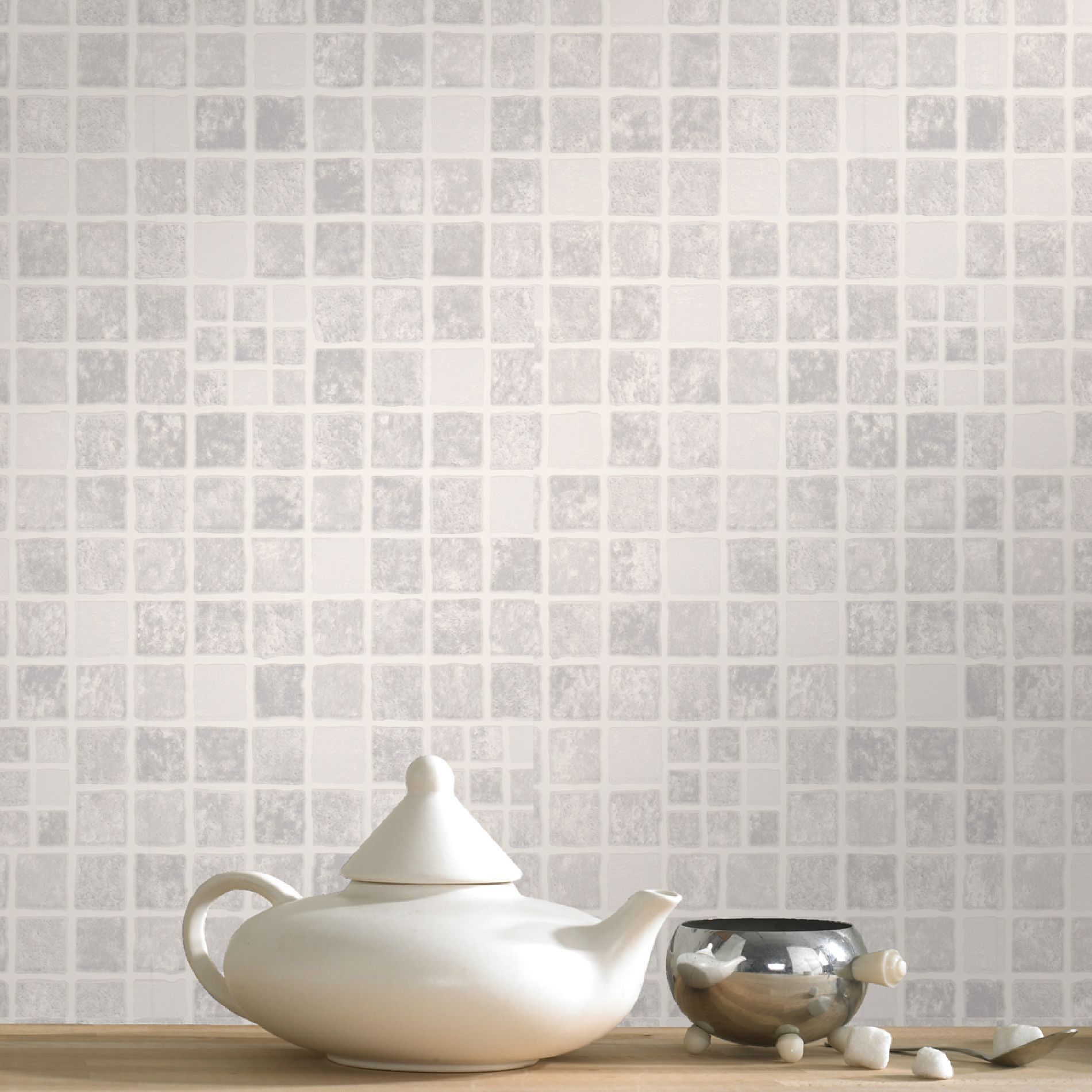 Contour Earthen Tile Effect Kitchen & Bathroom Grey/White Washable Wallpaper