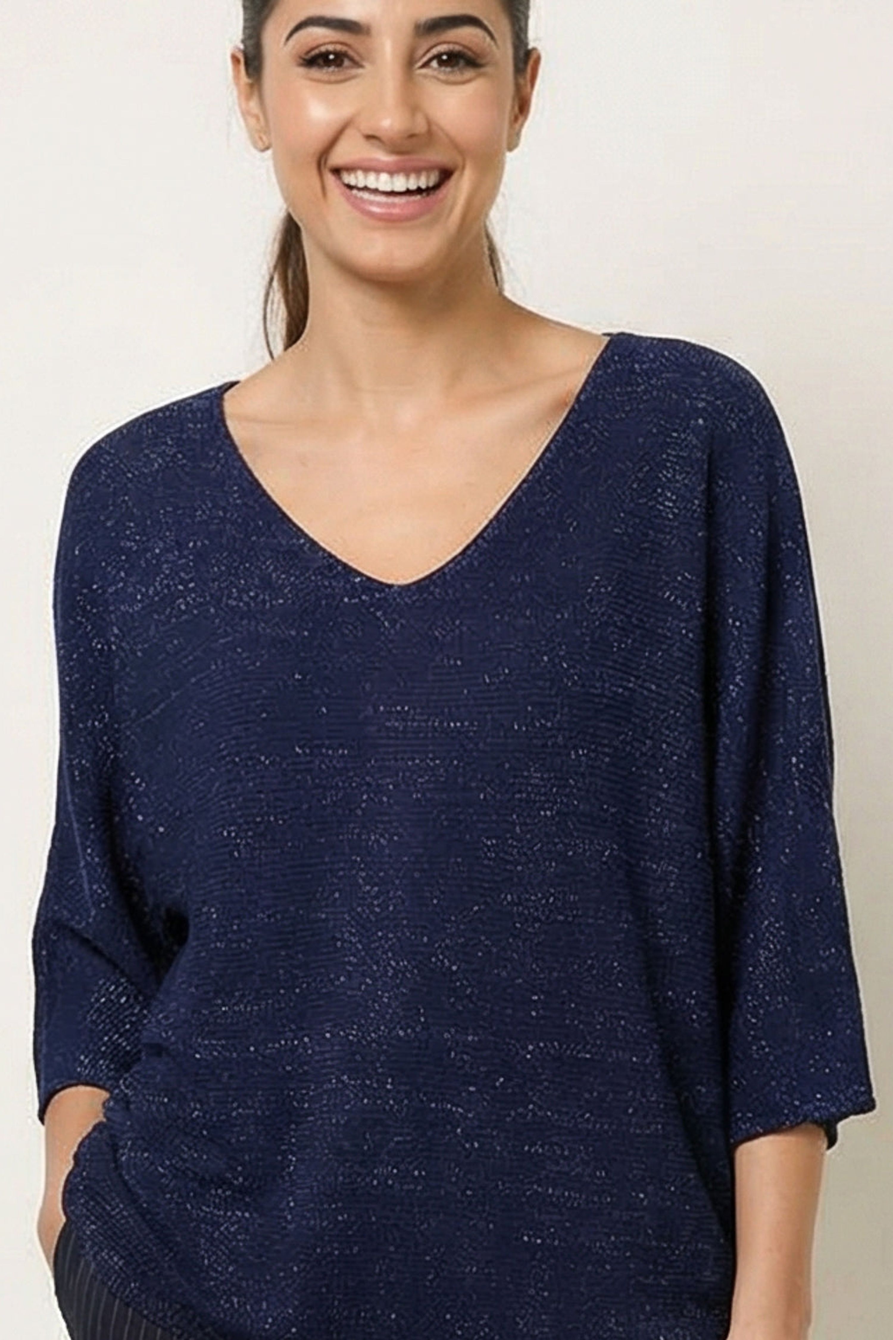 Blue Vanilla Navy Metallic V Neck Knitted Ripple Jumper