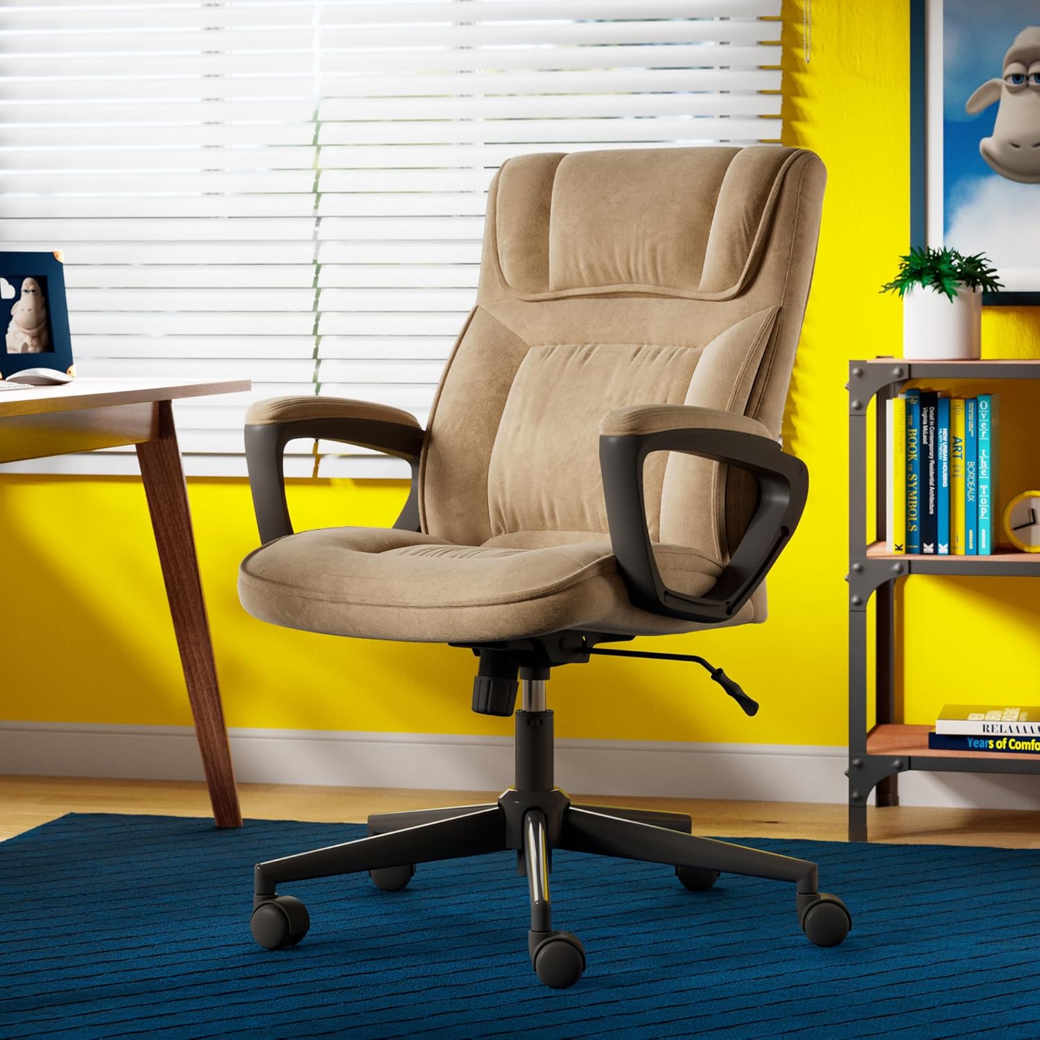 Serta® Hannah Executive Home Office Desk Chair, Ergonomic Mid-Back with Lumbar Support, Firm Seat Cushion, Layered Body Pillows, Padded Armrests, Swivel Base, Easy Assembly, Microfiber, Beige