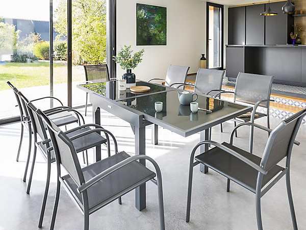 Ensemble repas table extensible carrée en verre   8 fauteuils - Piazza - Hespéride