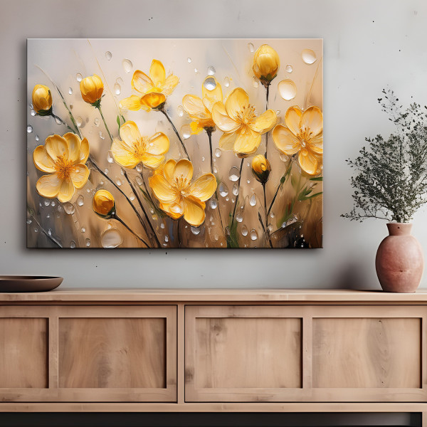Feeby Obraz na płótnie, Zólte Kwiaty Rośliny Krople Rosy 60x40