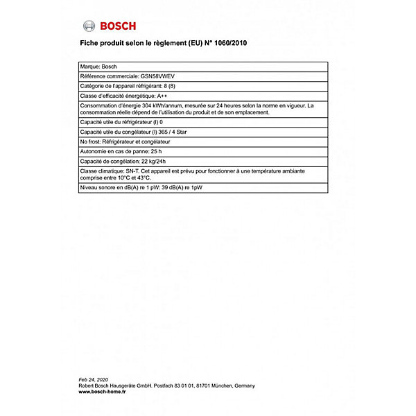BOSCH Congélateur armoire 365 litres GSN58VWEV