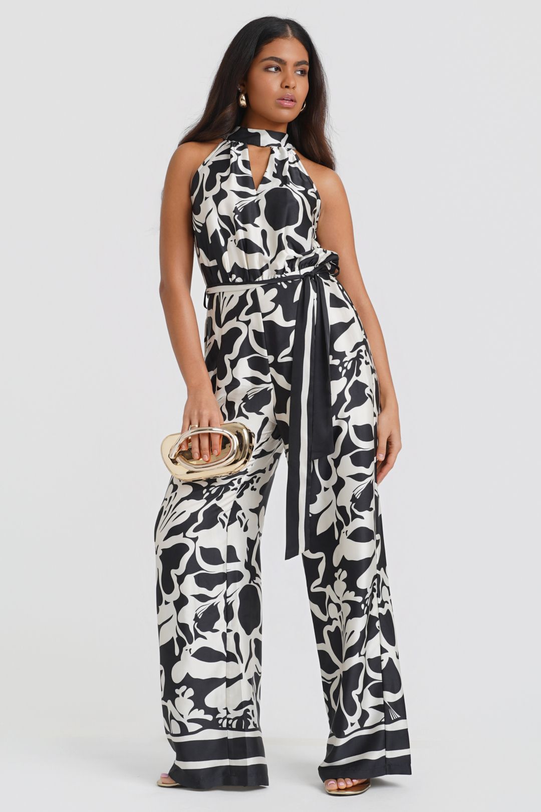 Needs No Label Black Floral Satin Halterneck Jumpsuit