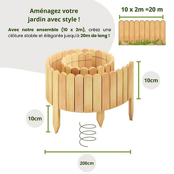 Clôture en bois flexible - Floranica - 20 m - Nature - 2 m x 10 cm - 10 pièces