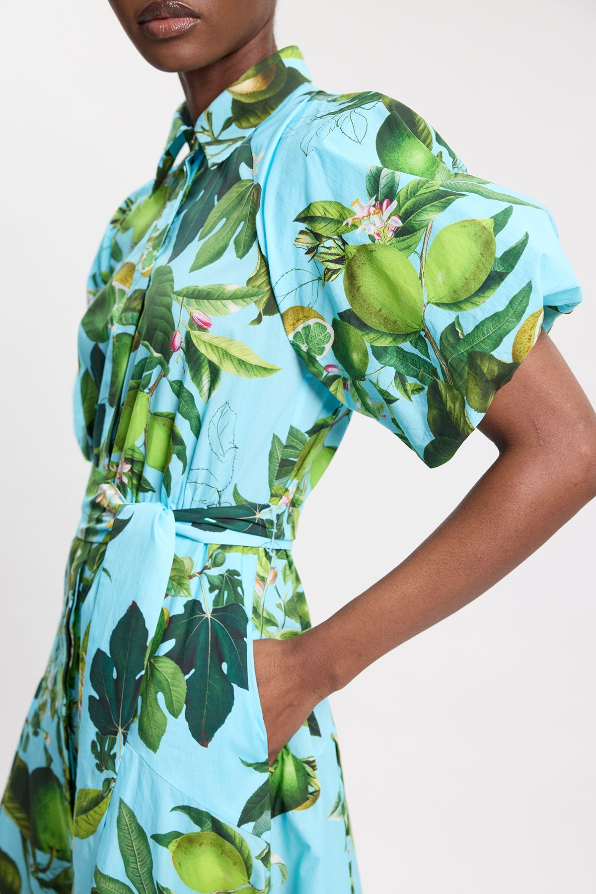 KarenMillen Lime Print Cotton Puff Sleeve Woven Midi Shirt Dress With Dropped Waist Detail
