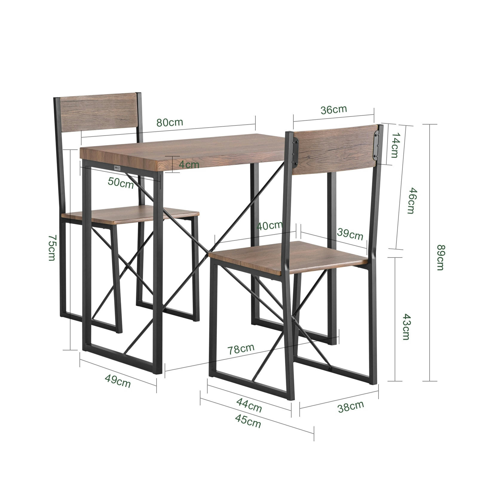 - Set de 1 table à manger et 2 chaises effet bois et métal noir