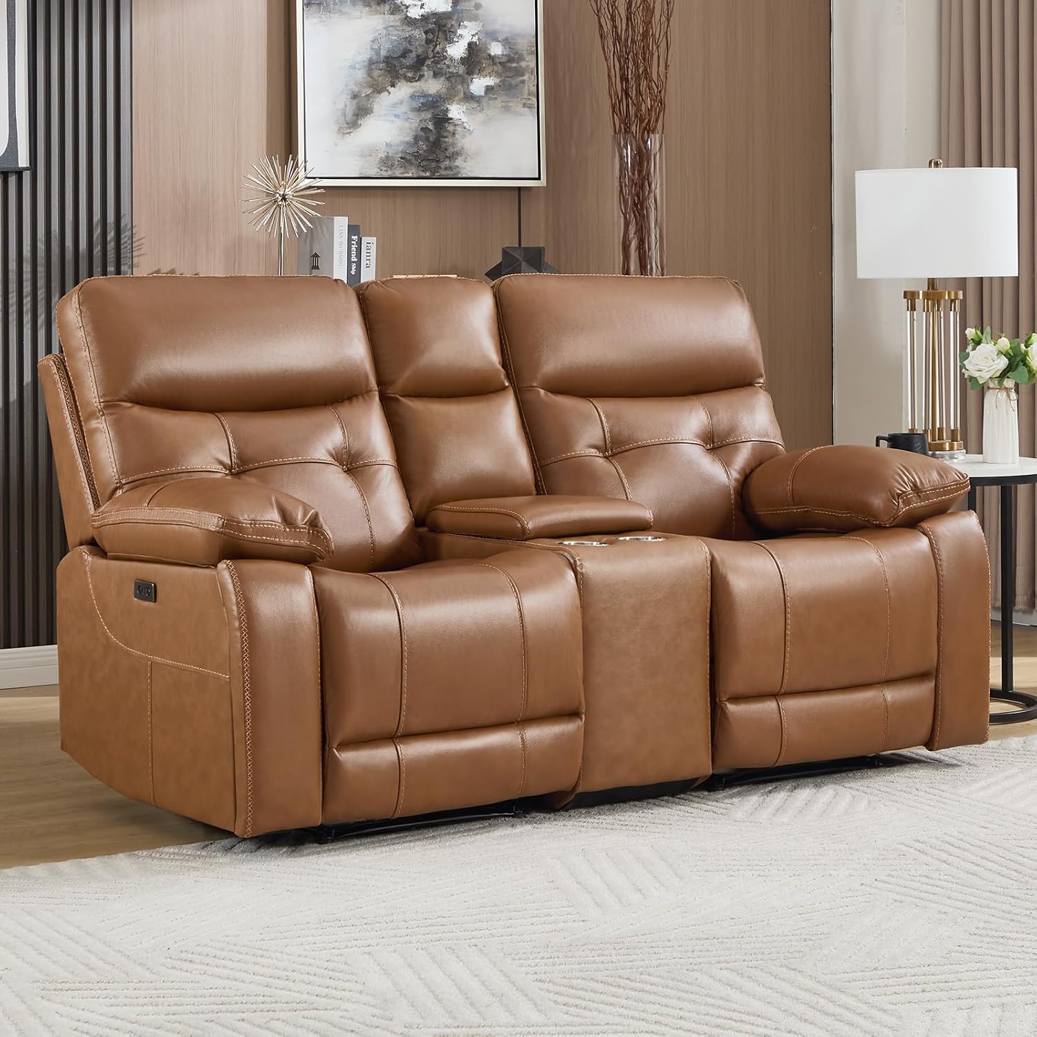 CANMOV Genuine Leather Power Recliner Loveseat, 2 Seat Loveseat Reclining Sofa with Storage Console,Hidden Cup Holders,Modern Electric Recliner Couch Set for Living Room, Bedroom,Brown