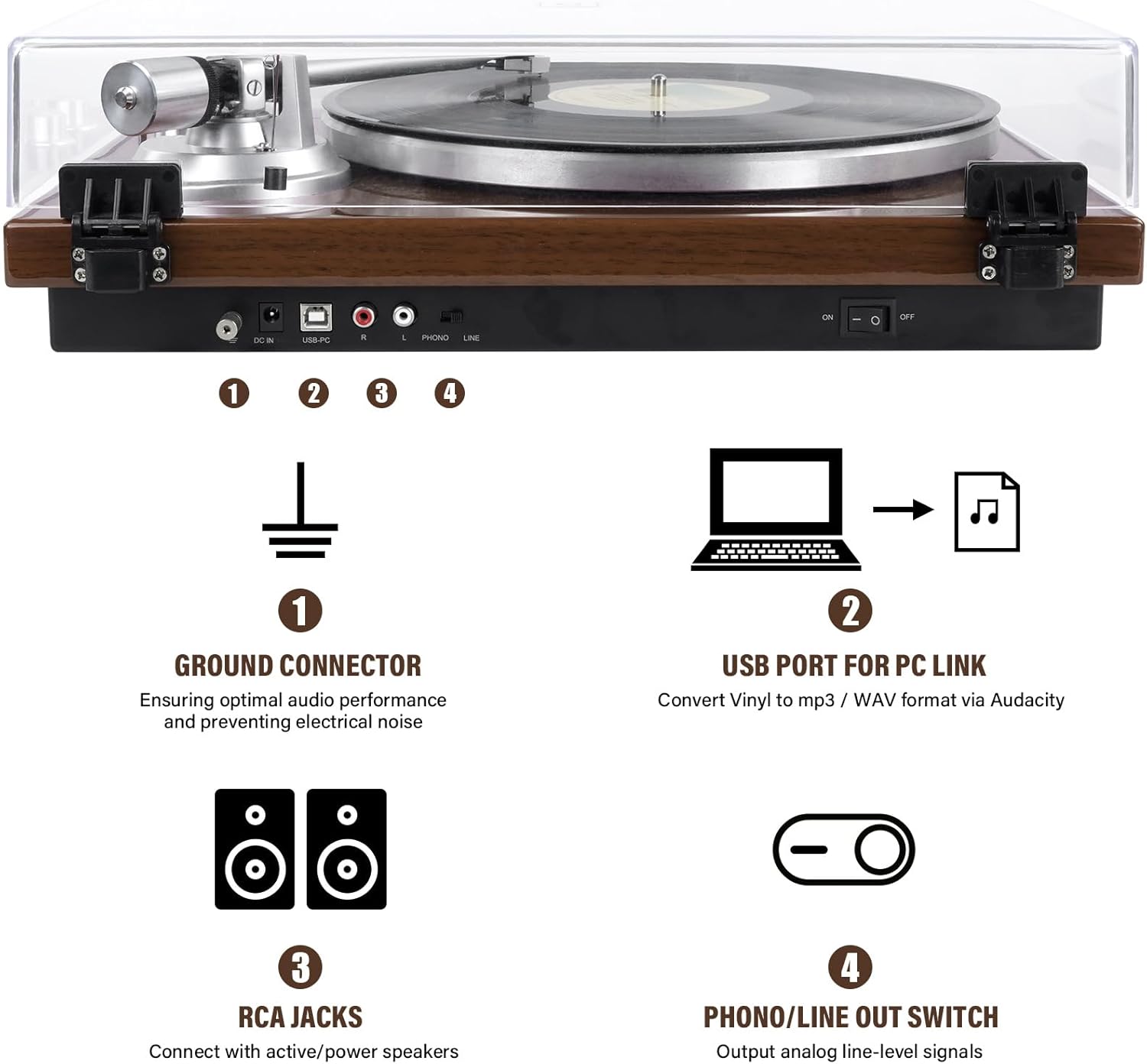 Belt Drive Turntable for Vinyl Record Player,Connect with Bluetooth Speakers or Active Speaker,Built-in Phono Pre-amp,USB Digital Output, Magnetic Cartridge,High-Gloss Wood Design(Brown)