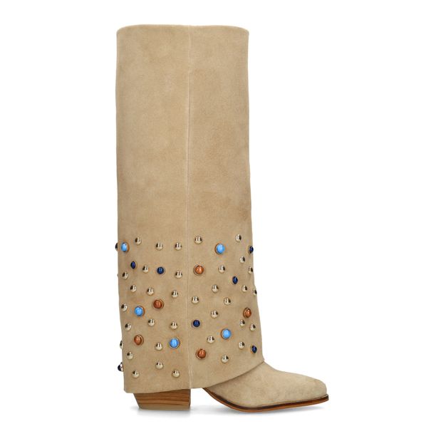 Beige suède laarzen met flap en studs