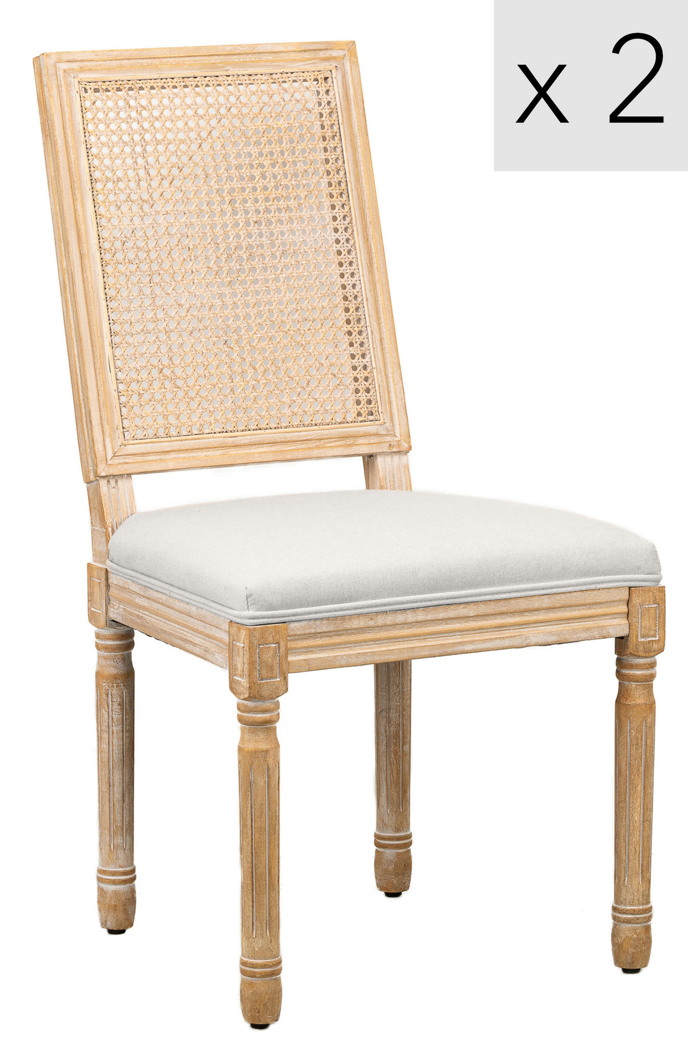 - Lot de 2 chaises en bois et cannage avec assise en tissu gris clair