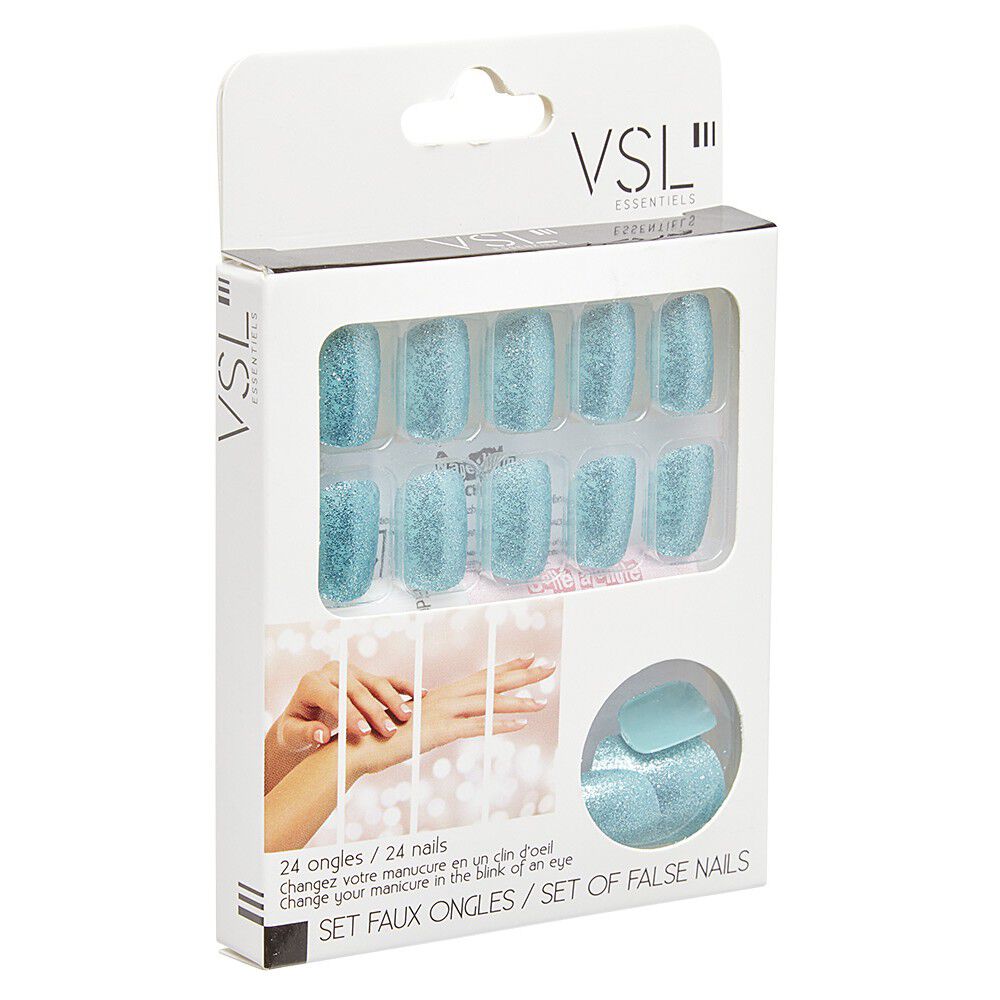 Kit faux ongles pailletés bleus 24 pièces