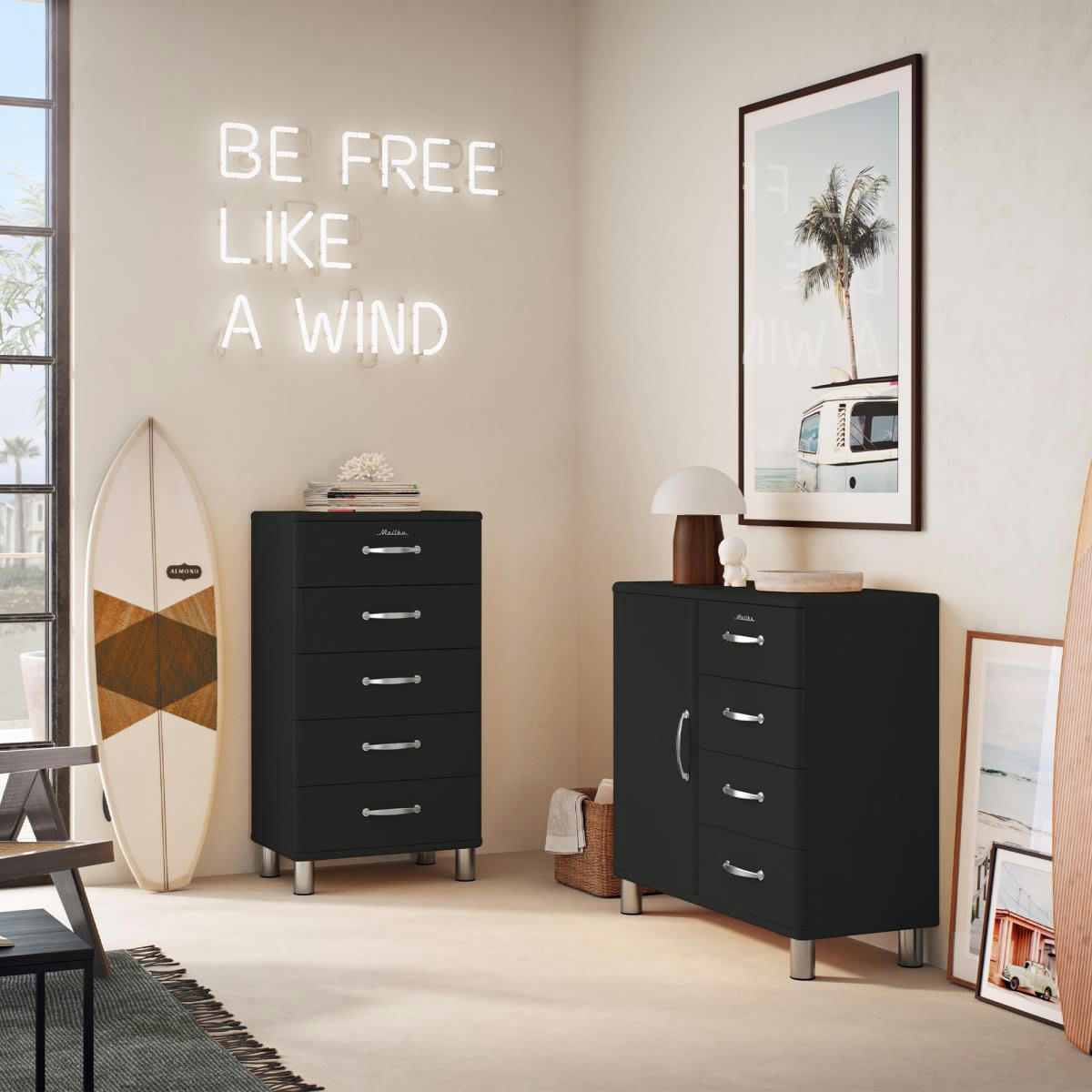 MALIBU - Commode 5 tiroirs style rétro noir