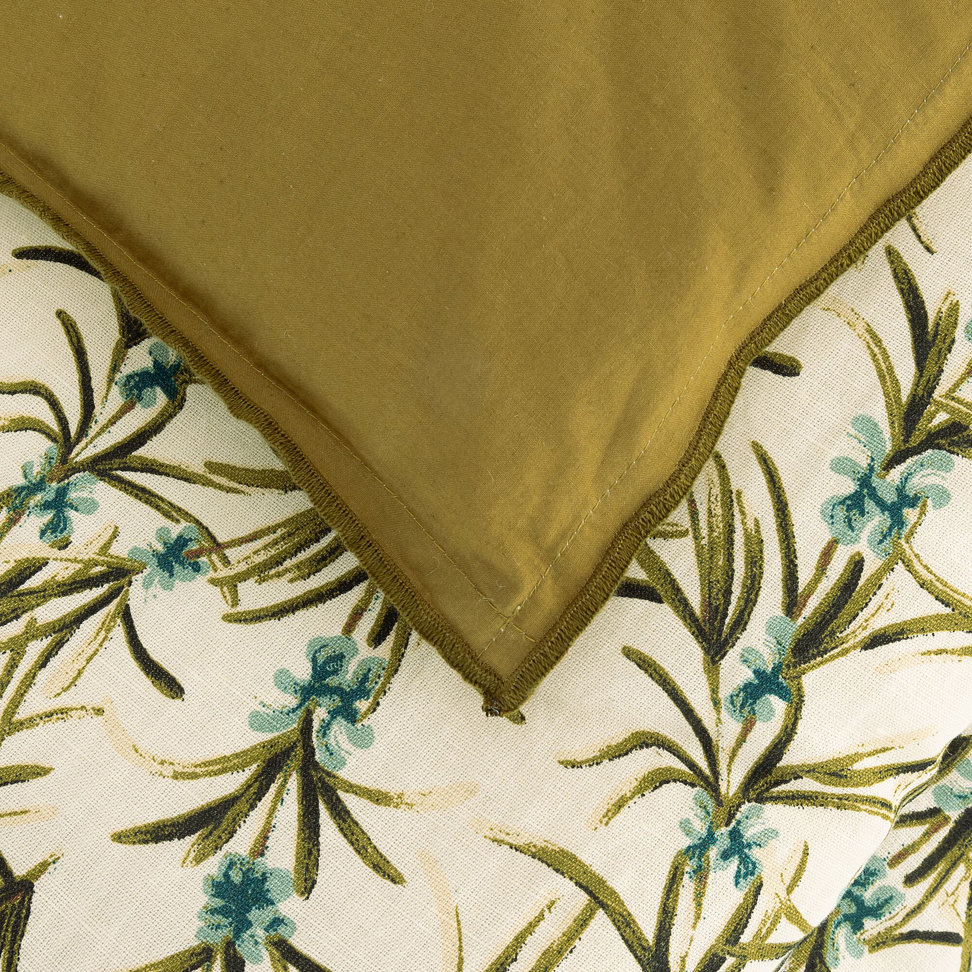 ELINA - Édredon à motif romarin en lin et coton 100x180cm piquage pompons double faces - vert